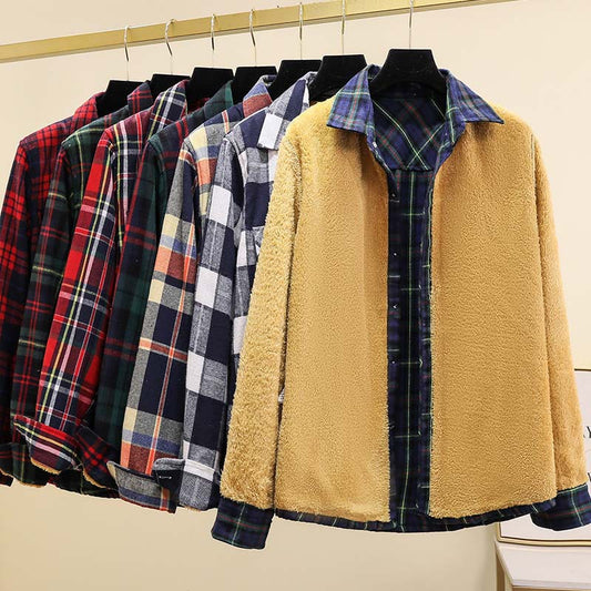 Fleece-Lined Thickened Plus-Size Plaid Shirt For Women