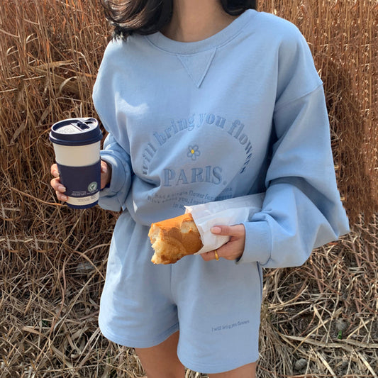 Round Neck Embroidered Letter Sweater Casual Shorts Suit Women