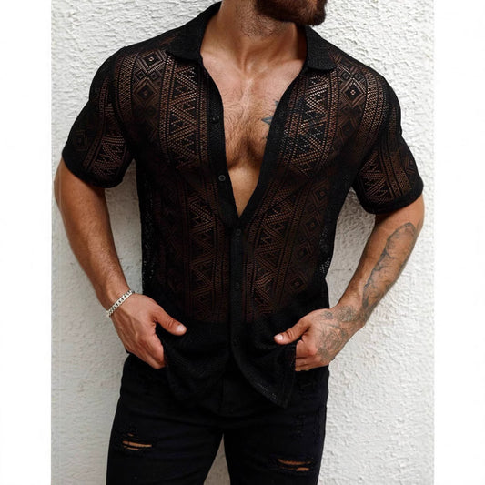 Men's Casual Lace Transparent Short-sleeved Shirt