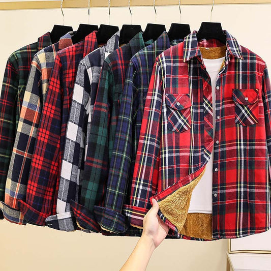Fleece-Lined Thickened Plus-Size Plaid Shirt For Women