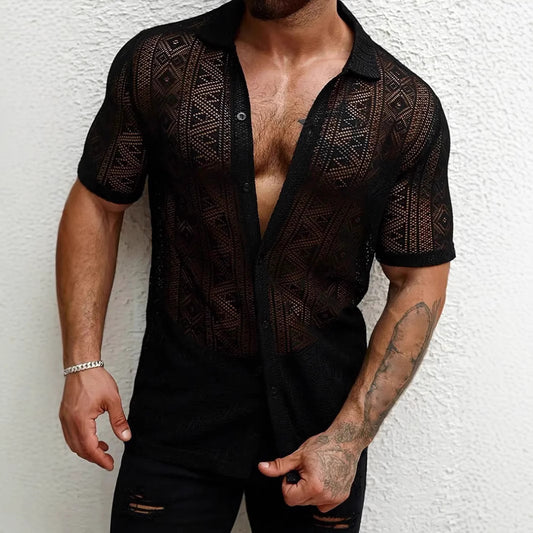 Men's Casual Lace Transparent Short-sleeved Shirt