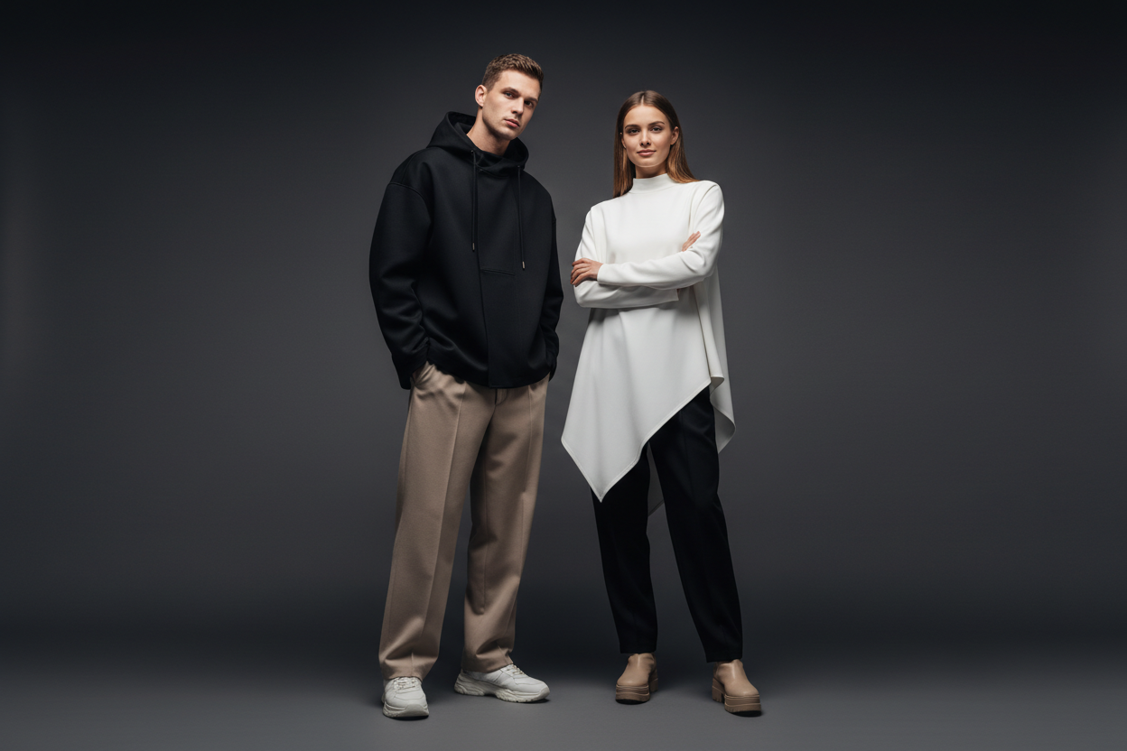 male and female model representing FORMO, wearing a minimal premium streetwear outfit in black, white, and beige tones. Clean modern silhouette, timeless luxury aesthetic, confident calm pose. Dark neutral background with subtle gradient, soft cinematic studio lighting, elegant shadows. Editorial fashion photography style, minimal composition, premium look, realistic skin texture, ultra-sharp focus. No logos, no text, no accessories, no props. High-end luxury fashion brand feel, modern European street